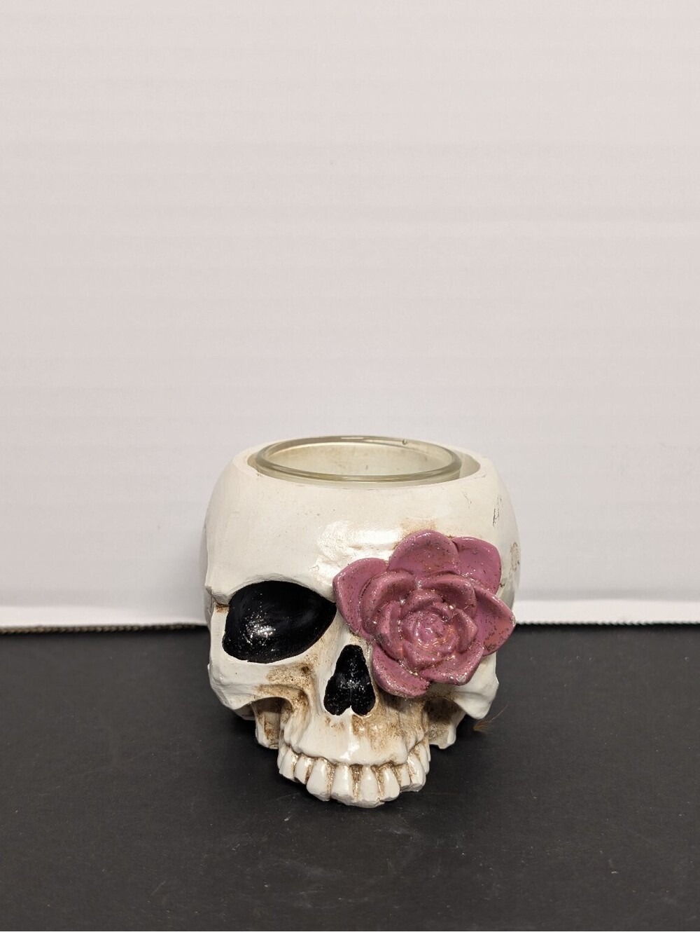 Christmas Tree Shops Skull Votive Tea Light Candle Holder with Pink Rose Decor